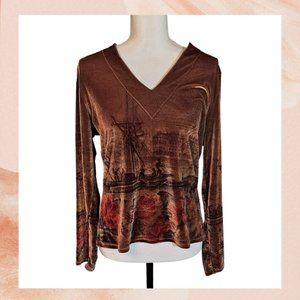 Fantazia Brown Gold Velvet Floral River Boat Graphic Shirt